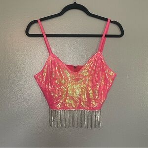 Women’s Pink Sequin Cropped Cami - Fringe Diamond Chain